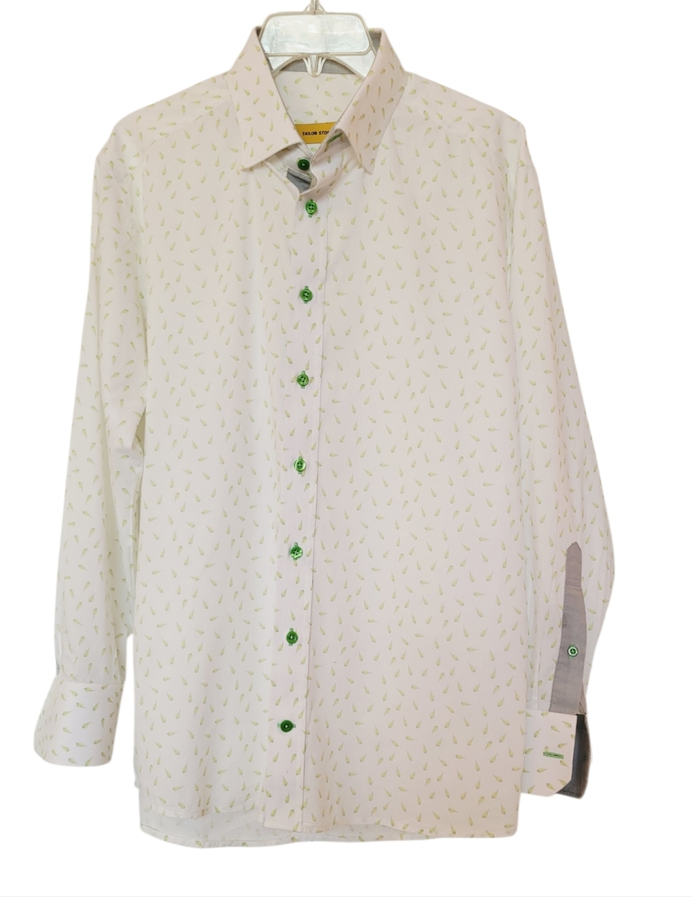 Tailor Store White Button-Down Shirt With Green Leaf Pattern and Green Buttons